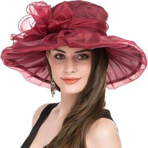 Large Derby Church Fashion Hat Bridal Tea Party Wedding Horse Statement Burgundy